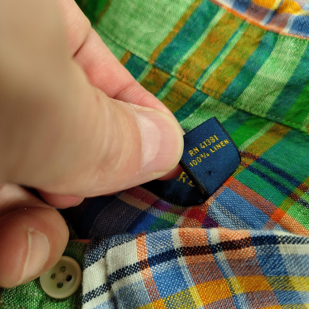 Ralph Lauren Shirt Mens 2XB Big Green Plaid 100% Linen Button Down Short Sl - Picture 11 of 16